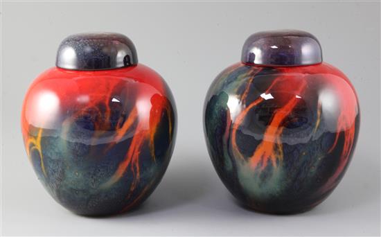 A pair of Royal Doulton Sung ware flambe glaze ginger jar and covers, early 20th century, height 20.5cm